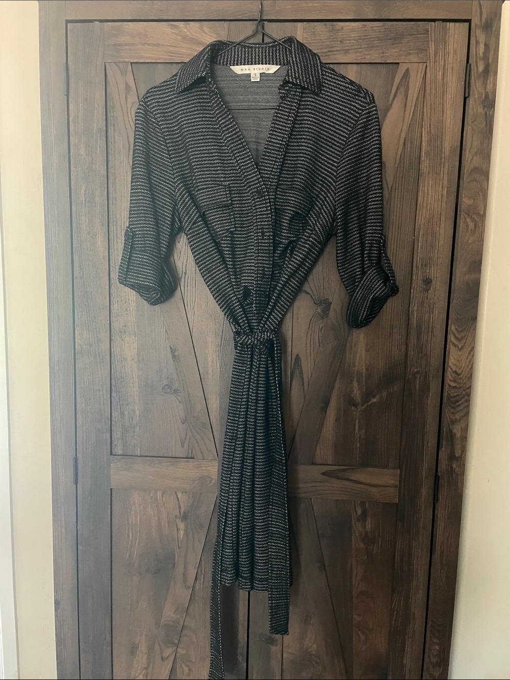 Max Studio Black and Gray Striped Tie-Waist Shirt Dress